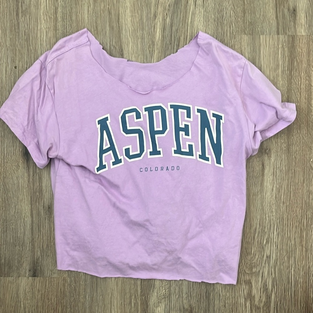 aspen colorado shirt in purple and navy blue writing